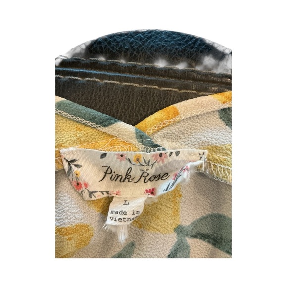 Pink Rose Lemon Print Blouse V-Neck Cuffed Sleeve Yellow Tunic Top Large L - Picture 9 of 9